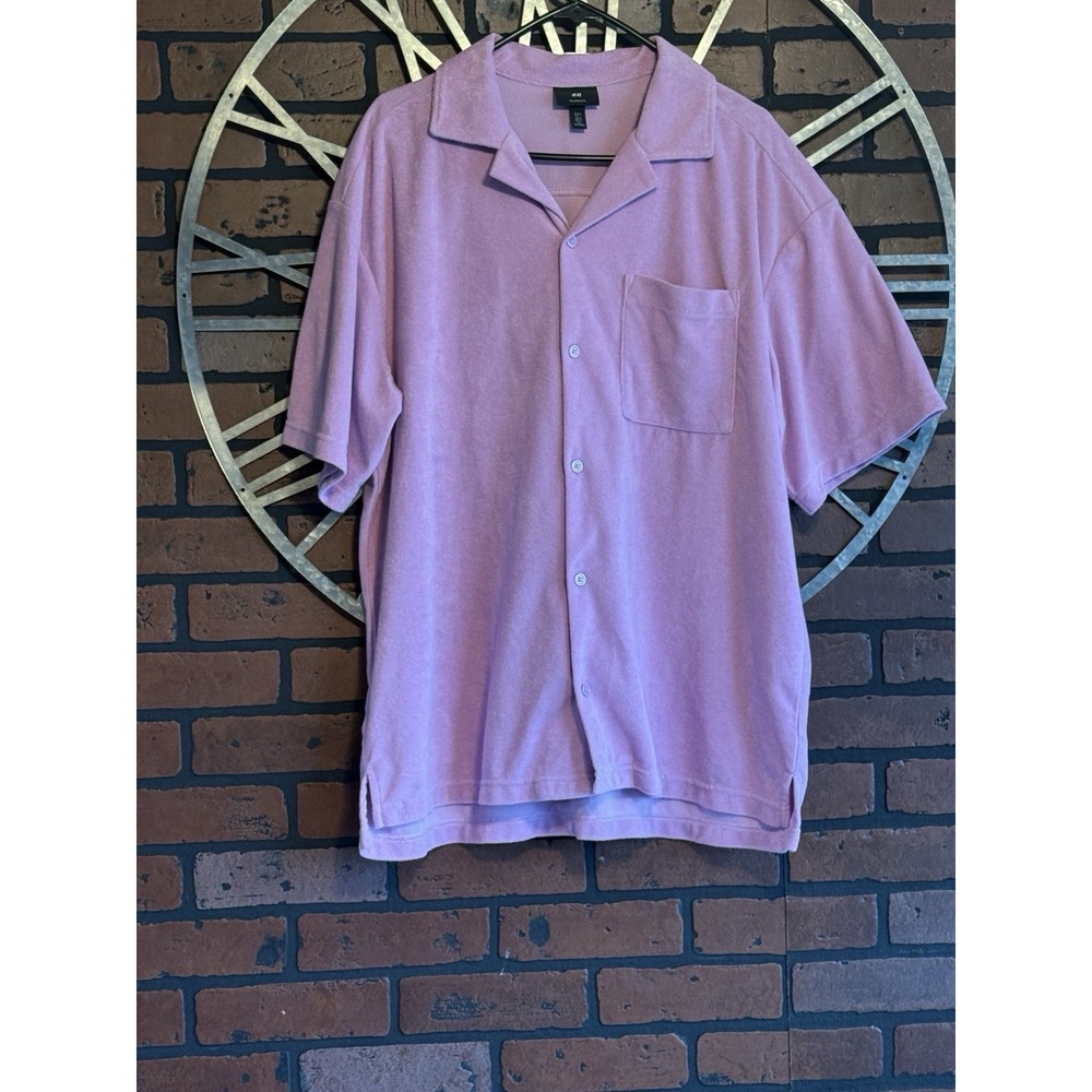 Men's H&M Relaxed Fit Terry Short Sleeve‎ Button Up Shirt Pink Size Large